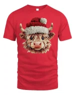 Cute Highland Cow Christmas Graphic T Shirt Cozy Holiday Vibes Tee - red t-shirt on white background