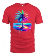 Neon Palm Tree Sunset Graphic T Shirt Tropical Beach Vibes Tee - red t-shirt on white background