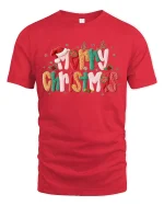 Merry Christmas Festive Typography Graphic T Shirt Cozy Holiday Tee - red t-shirt on white background