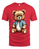 Cute Teddy Bear With Glasses Graphic T Shirt Adorable Style Tee - red t-shirt on white background