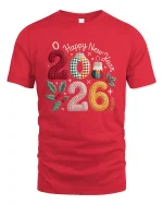 Happy New Year 2026 Knitted Style Graphic T Shirt Cozy Festive Tee - red t-shirt on white background