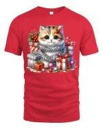 Cute Christmas Kitten With Gift Boxes Graphic T Shirt Cozy Tee - red t-shirt on white background