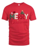 Merry Christmas Knitted Letter Graphic T Shirt Cozy Holiday Tee - red t-shirt on white background