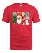 Christmas Characters Santa Reindeer Snowman Graphic T Shirt Fun Tee - red t-shirt on white background