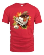 Autumn Piano Coffee Art Graphic T Shirt Cozy Music Lover Tee - red t-shirt on white background