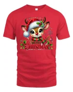 Cute Reindeer Merry Christmas Graphic T Shirt Festive Holiday Tee - red t-shirt on white background