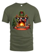 Cozy Christmas Fireplace Graphic T Shirt Holiday Home Warm Vibes Tee - military green t-shirt on white background