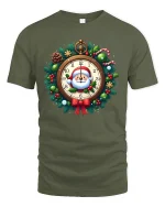 Santa Clock Christmas Wreath Graphic T Shirt Festive Holiday Tee - military green t-shirt on white background