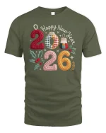 Happy New Year 2026 Knitted Numbers Graphic T Shirt Cozy Festive Tee - military green t-shirt on white background