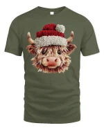 Cute Highland Cow Christmas Graphic T Shirt Cozy Holiday Vibes Tee - military green t-shirt on white background