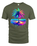 Neon Palm Tree Sunset Graphic T Shirt Tropical Beach Vibes Tee - military green t-shirt on white background