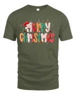 Merry Christmas Festive Typography Graphic T Shirt Cozy Holiday Tee - military green t-shirt on white background