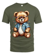 Cute Teddy Bear With Glasses Graphic T Shirt Adorable Style Tee - military green t-shirt on white background