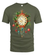 Vintage Christmas Clock Ornament Graphic T Shirt Festive Holiday Tee - military green t-shirt on white background