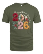 Happy New Year 2026 Knitted Style Graphic T Shirt Cozy Festive Tee - military green t-shirt on white background