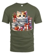 Cute Christmas Kitten With Gift Boxes Graphic T Shirt Cozy Tee - military green t-shirt on white background