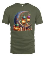 Crescent Moon Lantern Art Graphic T Shirt Magical Night Glow Tee - military green t-shirt on white background