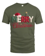 Merry Christmas Knitted Letter Graphic T Shirt Cozy Holiday Tee - military green t-shirt on white background