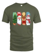 Christmas Characters Santa Reindeer Snowman Graphic T Shirt Fun Tee - military green t-shirt on white background