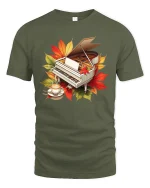 Autumn Piano Coffee Art Graphic T Shirt Cozy Music Lover Tee - military green t-shirt on white background