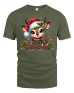 Cute Reindeer Merry Christmas Graphic T Shirt Festive Holiday Tee - military green t-shirt on white background