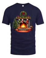 Cozy Christmas Fireplace Graphic T Shirt Holiday Home Warm Vibes Tee - navy t-shirt on white background
