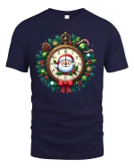 Santa Clock Christmas Wreath Graphic T Shirt Festive Holiday Tee - navy t-shirt on white background