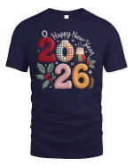 Happy New Year 2026 Knitted Numbers Graphic T Shirt Cozy Festive Tee - navy t-shirt on white background