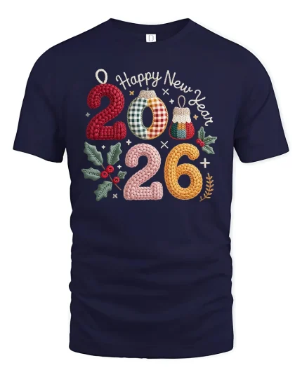 Happy New Year 2026 Knitted Numbers Graphic T Shirt Cozy Festive Tee - navy t-shirt on white background