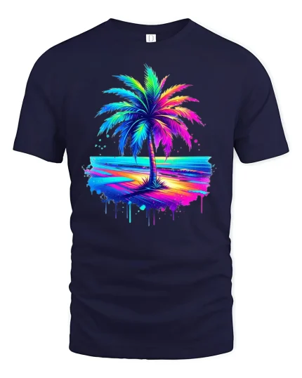 Neon Palm Tree Sunset Graphic T Shirt Tropical Beach Vibes Tee - navy t-shirt on white background