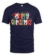 Merry Christmas Festive Typography Graphic T Shirt Cozy Holiday Tee - navy t-shirt on white background