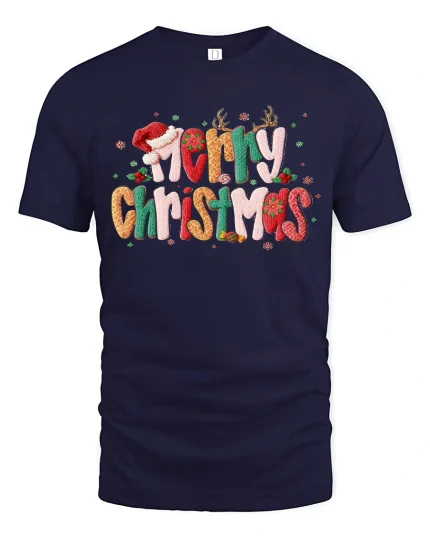 Merry Christmas Festive Typography Graphic T Shirt Cozy Holiday Tee - navy t-shirt on white background