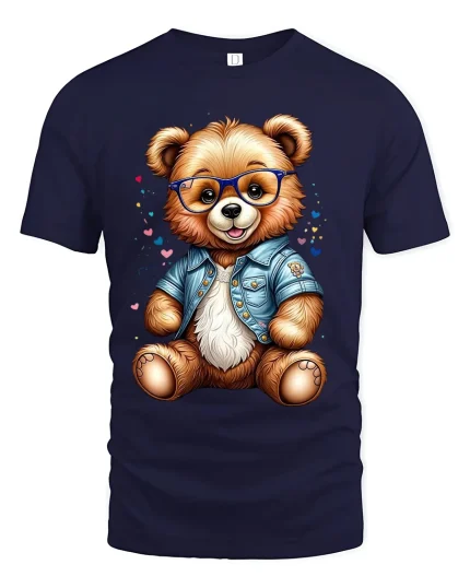 Cute Teddy Bear With Glasses Graphic T Shirt Adorable Style Tee - navy t-shirt on white background