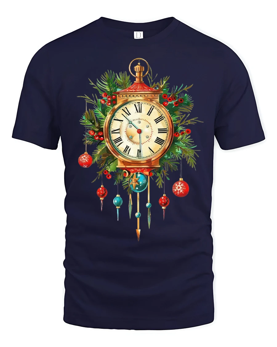 Vintage Christmas Clock Ornament Graphic T Shirt Festive Holiday Tee - 1 Vintage Christmas Clock Ornament Graphic T Shirt Festive Holiday Tee - navy t-shirt on white background