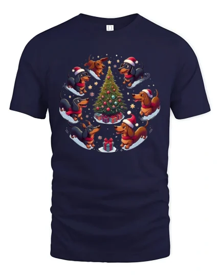Cute Dachshund Christmas Tree Circle Graphic T Shirt Festive Tee - navy t-shirt on white background