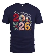 Happy New Year 2026 Knitted Style Graphic T Shirt Cozy Festive Tee - navy t-shirt on white background