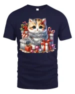 Cute Christmas Kitten With Gift Boxes Graphic T Shirt Cozy Tee - navy t-shirt on white background