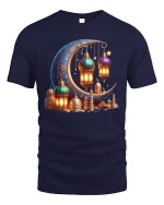 Crescent Moon Lantern Art Graphic T Shirt Magical Night Glow Tee - navy t-shirt on white background