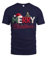 Merry Christmas Knitted Letter Graphic T Shirt Cozy Holiday Tee - navy t-shirt on white background
