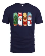 Christmas Characters Santa Reindeer Snowman Graphic T Shirt Fun Tee - navy t-shirt on white background