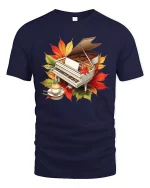 Autumn Piano Coffee Art Graphic T Shirt Cozy Music Lover Tee - navy t-shirt on white background