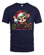 Cute Reindeer Merry Christmas Graphic T Shirt Festive Holiday Tee - navy t-shirt on white background