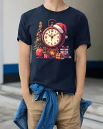 Christmas Countdown Clock Graphic T Shirt Festive Holiday Time Tee - model wearing navy tee with hands in pockets