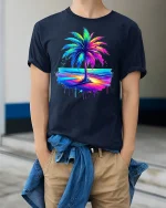 Neon Palm Tree Sunset Graphic T Shirt Tropical Beach Vibes Tee - model wearing navy tee with hands in pockets