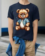 Cute Teddy Bear With Glasses Graphic T Shirt Adorable Style Tee - model wearing navy tee with hands in pockets