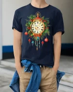 Vintage Christmas Clock Ornament Graphic T Shirt Festive Holiday Tee - model wearing navy tee with hands in pockets