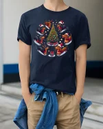 Cute Dachshund Christmas Tree Circle Graphic T Shirt Festive Tee - model wearing navy tee with hands in pockets