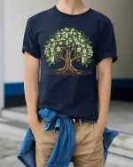 Money Tree Graphic T Shirt Wealth Growth Financial Vibes Tee - model wearing navy tee with hands in pockets