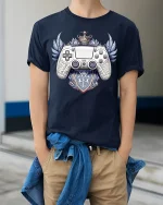 Royal Gaming Controller Crest Graphic T Shirt Legendary Gamer Tee - model wearing navy tee with hands in pockets