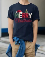 Merry Christmas Knitted Letter Graphic T Shirt Cozy Holiday Tee - model wearing navy tee with hands in pockets